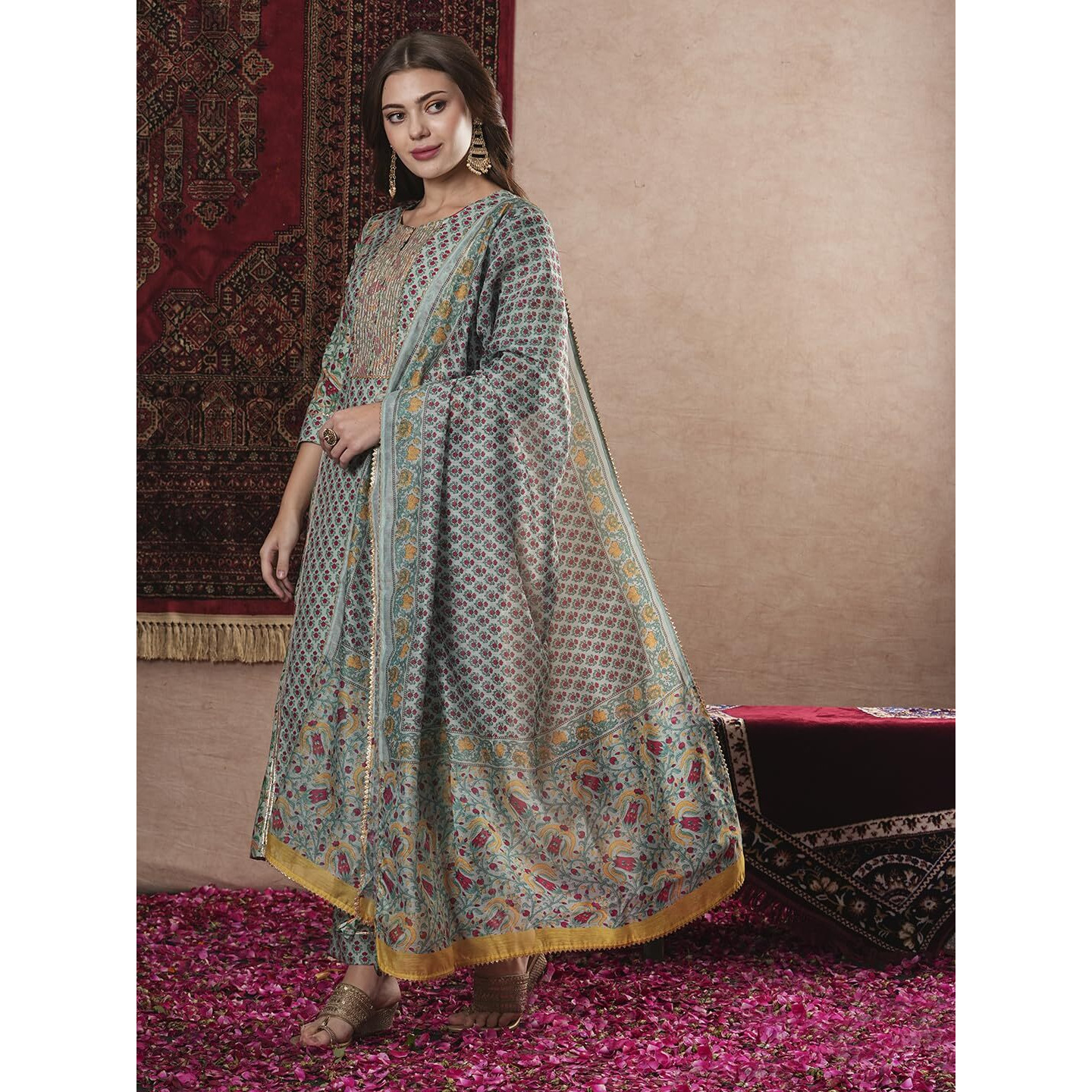 ANNI DESIGNER Women's Cotton Blend Straight Printed Kurta with Pant & Dupatta (SANGHVI Green_XXL_Green_XX-Large)