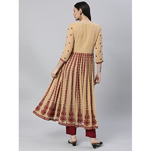 ANNI DESIGNER Women's Georgette Chikankari Embroidered Anarkali Kurti (Kari-Beige-SM_S_Beige_Small)