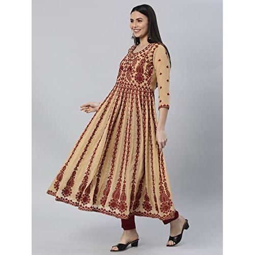 ANNI DESIGNER Women's Georgette Chikankari Embroidered Anarkali Kurti (Kari-Beige-SM_S_Beige_Small)
