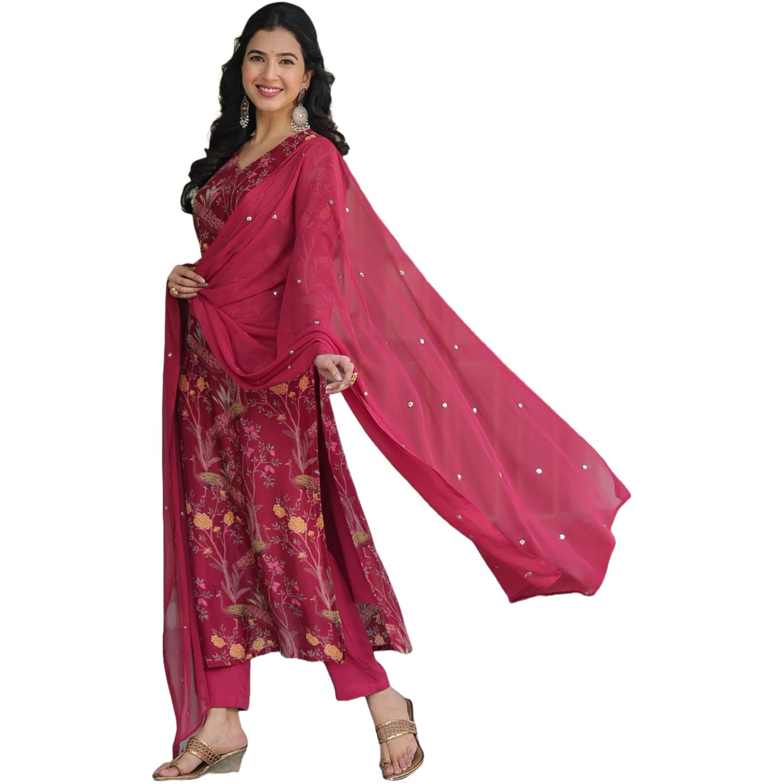 ANNI DESIGNER Women's Cotton Blend Straight Printed Kurta with Pant & Dupatta (SHOKO RED_S_Red_Small)