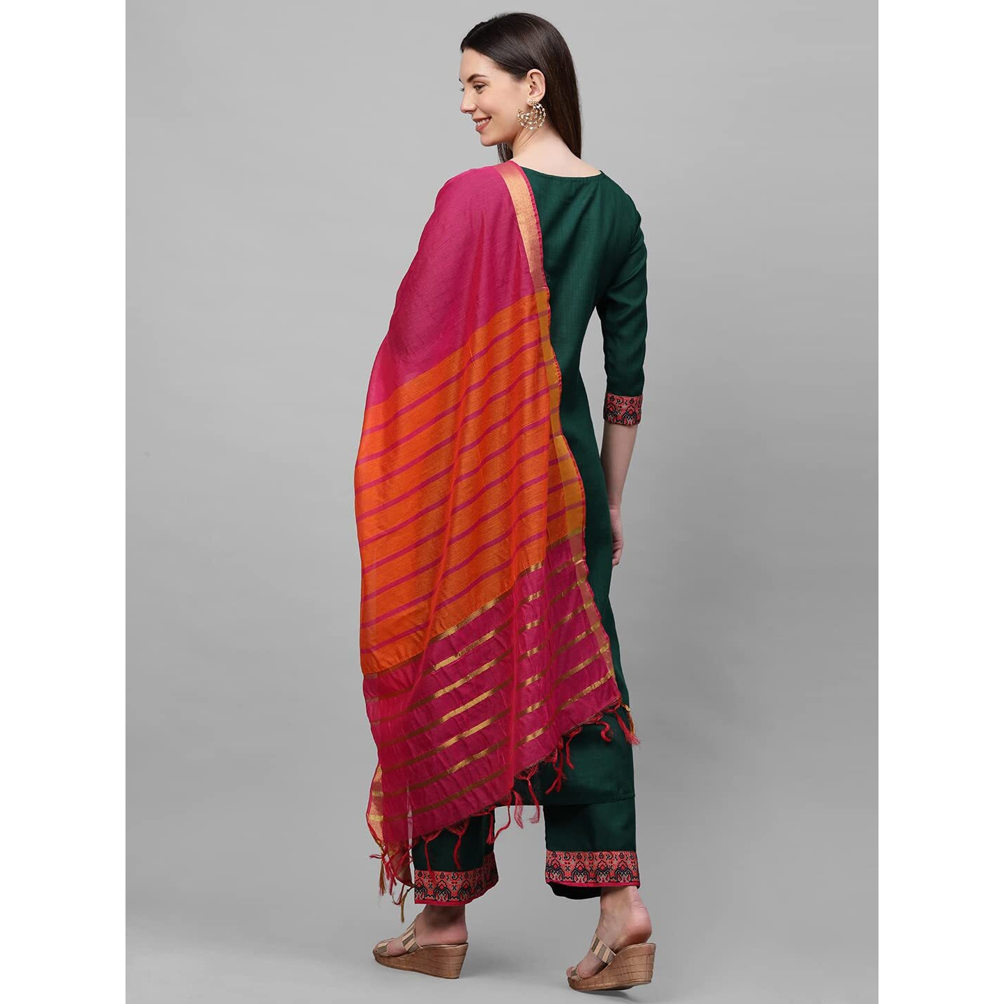 ANNI DESIGNER Women's Cotton Blend Straight Printed Kurta with Pant & Dupatta (My Hit Nw Dark Green_XXL_Dark Green_XX-Large)