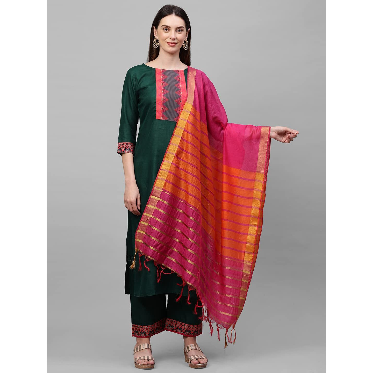 ANNI DESIGNER Women's Cotton Blend Straight Printed Kurta with Pant & Dupatta (My Hit Nw Dark Green_XXL_Dark Green_XX-Large)