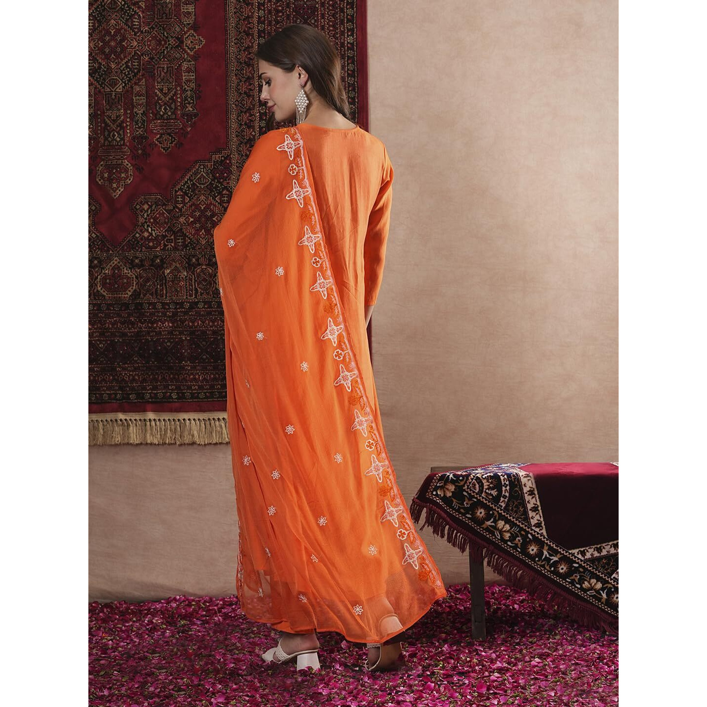 ANNI DESIGNER Women's Rayon Blend Anarkali Thread Work Kurta with Pant & Dupatta (ASHVTHAMA ORANGE-VKS07_XL_Orange_X-Large)