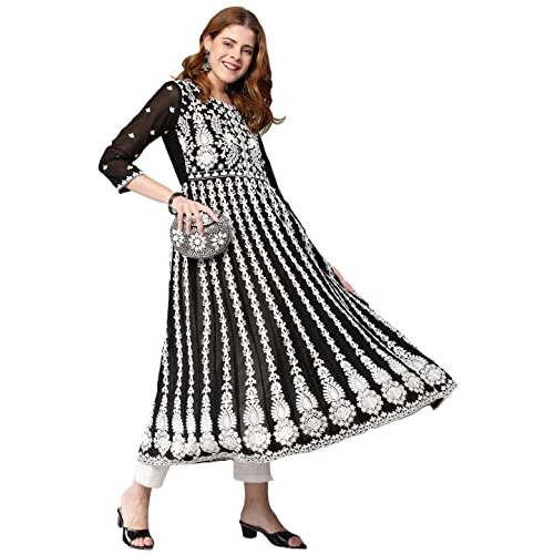 ANNI DESIGNER Women's Georgette Chikankari Embroidered Anarkali Kurti (NAAV-Black-SM_L_Black_Large)