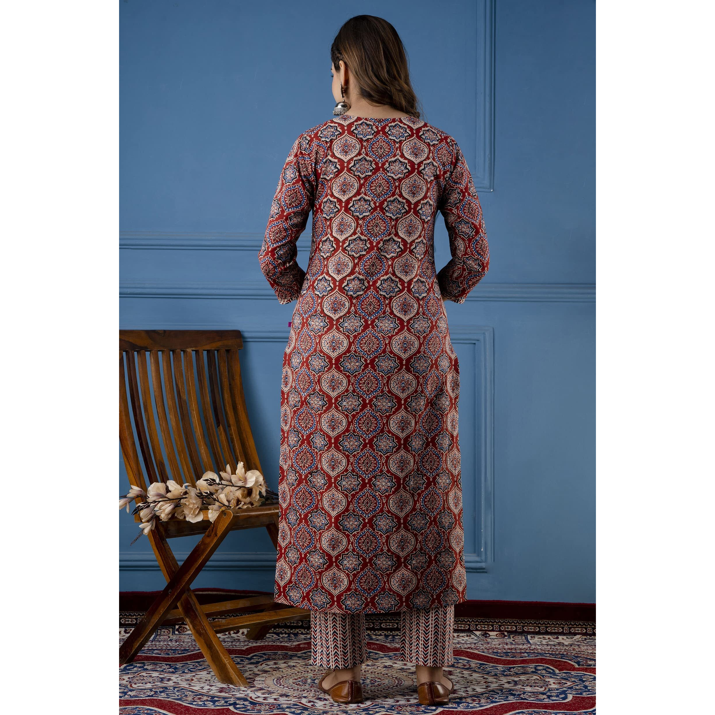 ANNI DESIGNER Women's Cotton Blend Traditional Straight Printed Kurta and Pant Set (Priyani Red NW_S_Red_Small)