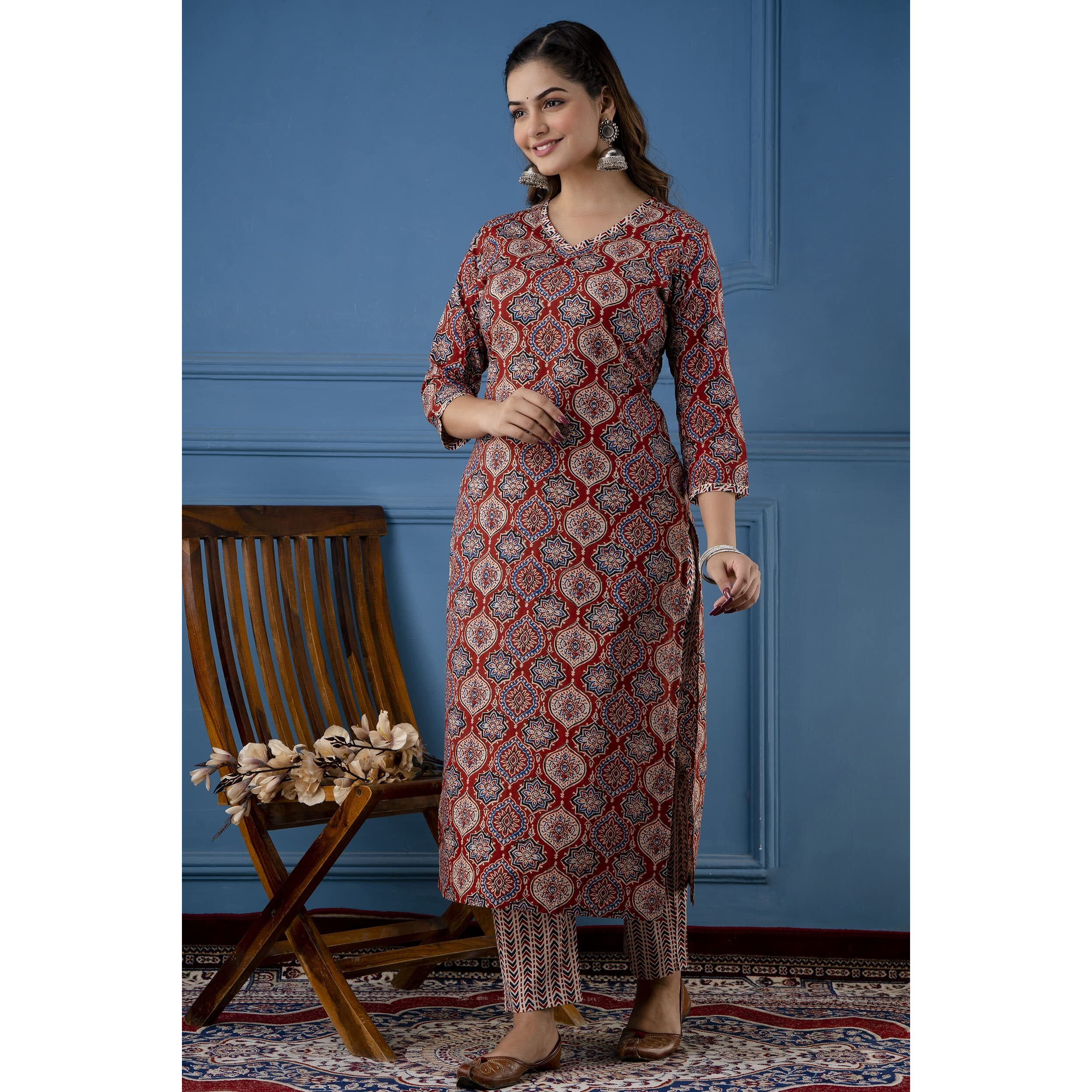 ANNI DESIGNER Women's Cotton Blend Traditional Straight Printed Kurta and Pant Set (Priyani Red NW_S_Red_Small)