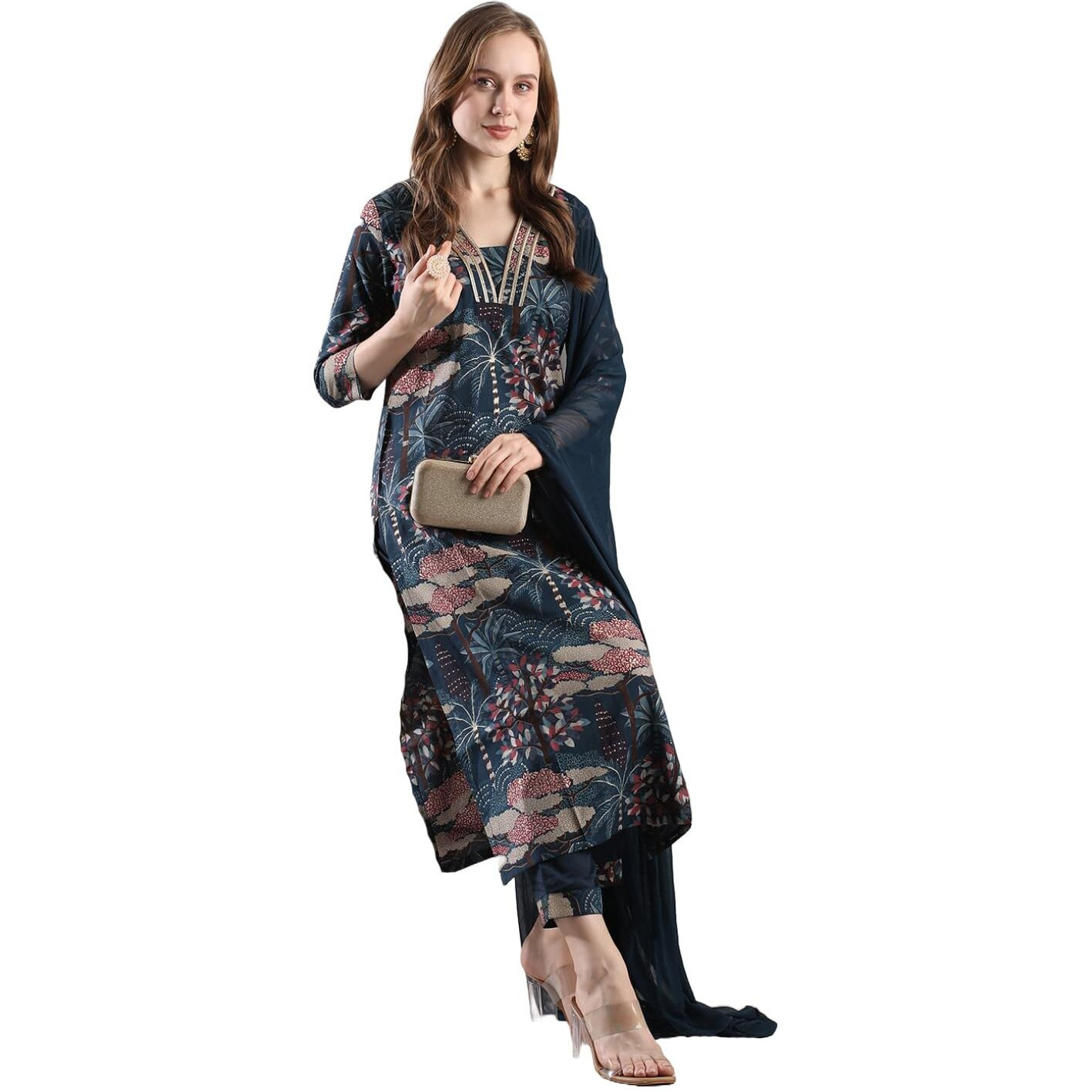 ANNI DESIGNER Women's Rayon Blend Straight Printed Kurta with Pant & Dupatta (Sunawal Blue_L_Blue_Large)