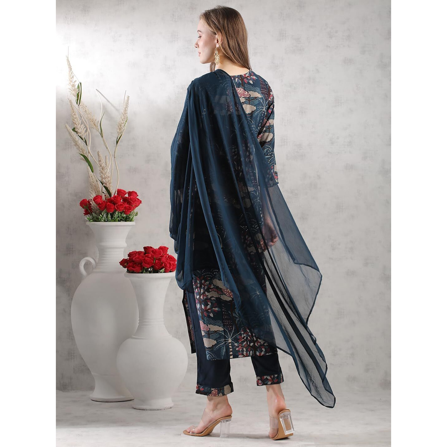 ANNI DESIGNER Women's Rayon Blend Straight Printed Kurta with Pant & Dupatta (Sunawal Blue_L_Blue_Large)