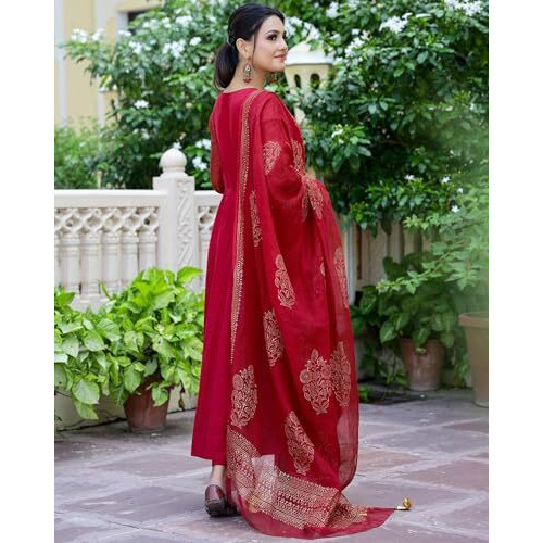 ANNI DESIGNER Women's Cotton Blend Solid Anarkali Kurta with Pant & Dupatta (Magic-RED_M_Red_Medium)