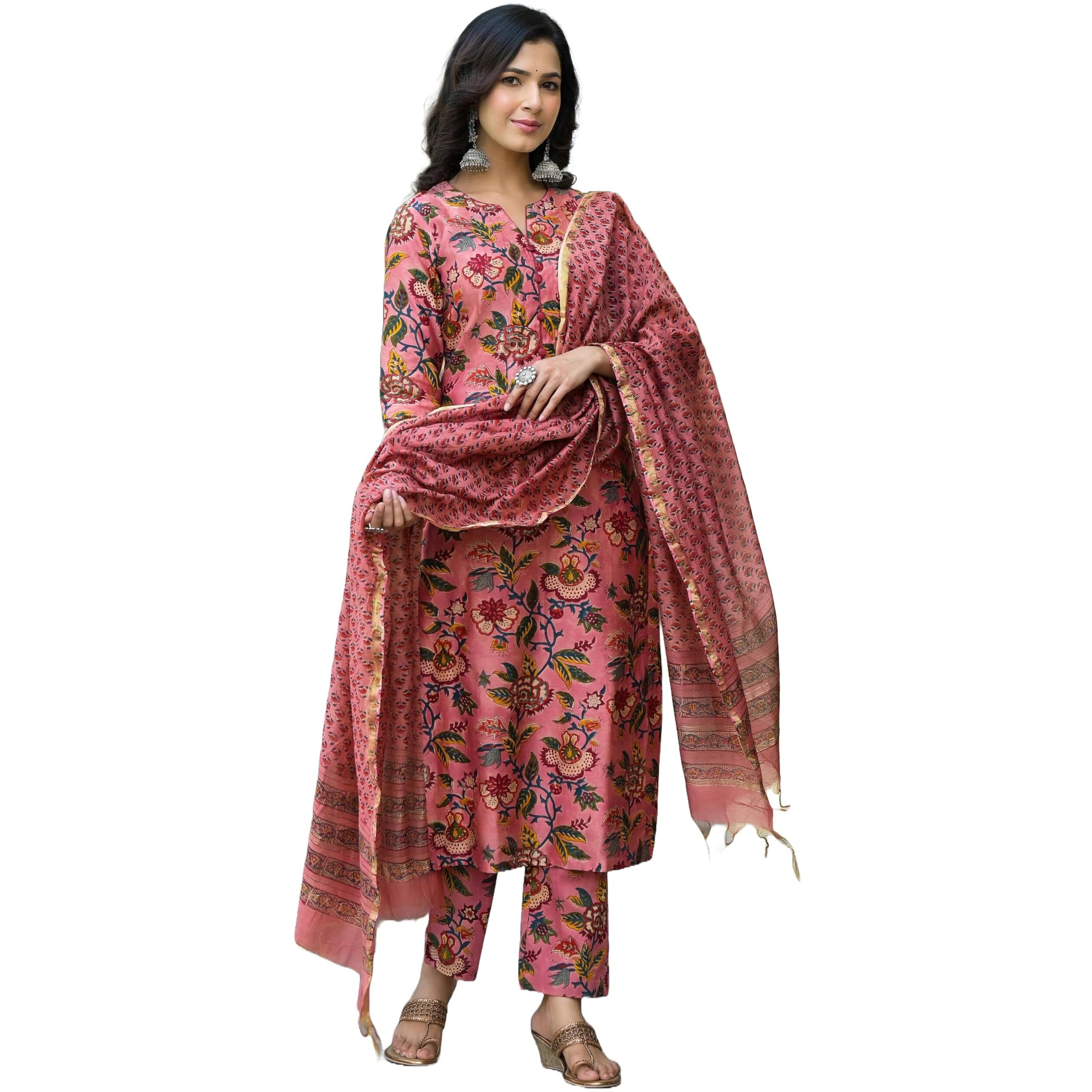 ANNI DESIGNER Women's Cotton Blend Straight Printed Kurta with Pant & Dupatta (Kinara Peach_M_Peach_Medium)
