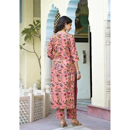 ANNI DESIGNER Women's Cotton Blend Straight Printed Kurta with Pant & Dupatta (Kinara Peach_M_Peach_Medium)