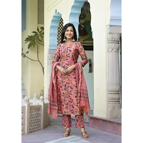 ANNI DESIGNER Women's Cotton Blend Straight Printed Kurta with Pant & Dupatta (Kinara Peach_M_Peach_Medium)