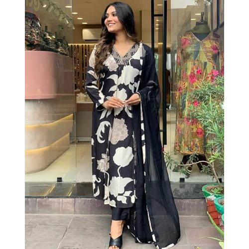 ANNI DESIGNER Women's Rayon Blend Straight Fit Printed Kurta with Pant & Dupatta (KALAL Black_S_Black_Small)