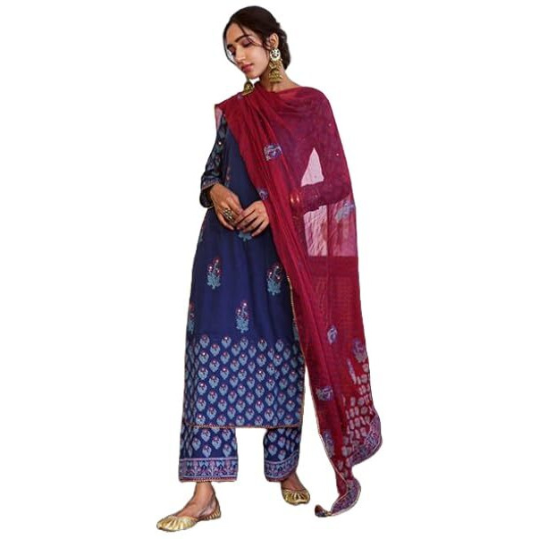 ANNI DESIGNER Women's Rayon Blend Straight Printed Kurta with Pant & Dupatta (MASUMI Blue_M_Blue_Medium)