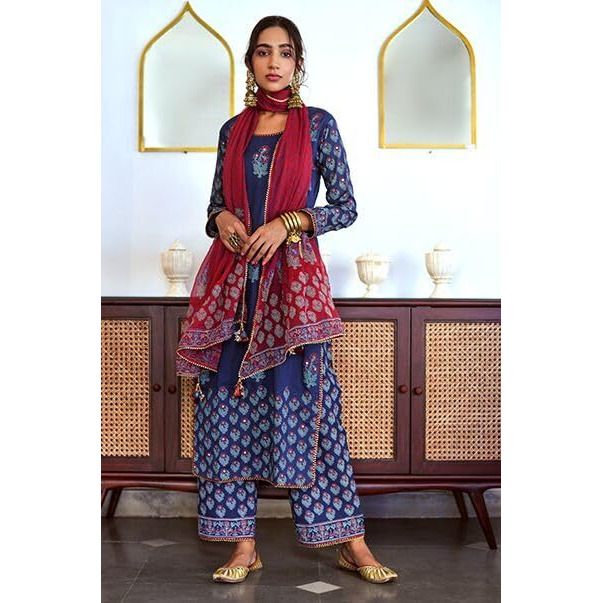 ANNI DESIGNER Women's Rayon Blend Straight Printed Kurta with Pant & Dupatta (MASUMI Blue_M_Blue_Medium)