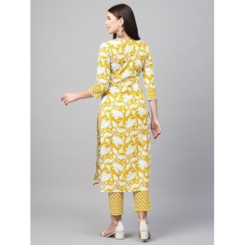 ANNI DESIGNER Women's Cotton Blend Printed Straight Kurta with Pant (Pustak Yellow_S_Begani_Small)