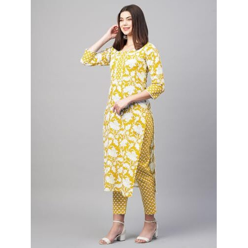 ANNI DESIGNER Women's Cotton Blend Printed Straight Kurta with Pant (Pustak Yellow_S_Begani_Small)