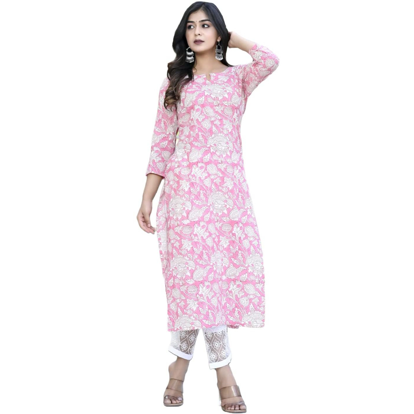 ANNI DESIGNER Women's Cotton Blend Traditional Straight Printed Kurta with Pant Set (para Pink_XL_Pink_X-Large)