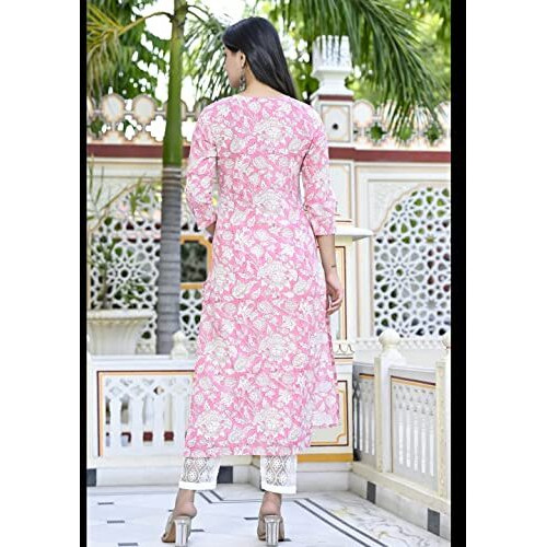 ANNI DESIGNER Women's Cotton Blend Traditional Straight Printed Kurta with Pant Set (para Pink_XL_Pink_X-Large)
