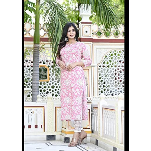 ANNI DESIGNER Women's Cotton Blend Traditional Straight Printed Kurta with Pant Set (para Pink_XL_Pink_X-Large)