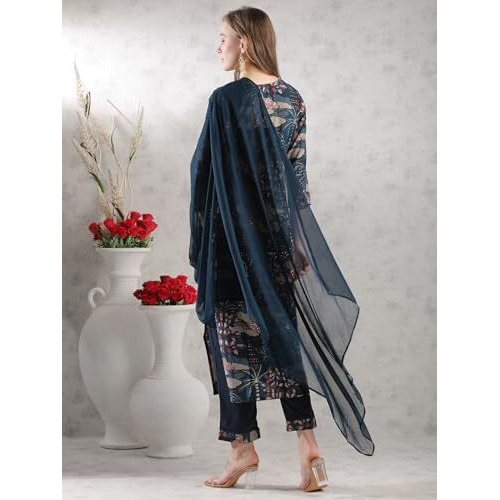 ANNI DESIGNER Women's Rayon Blend Straight Printed Kurta with Pant & Dupatta (Sunawal Blue_M_Blue_Medium)