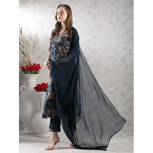 ANNI DESIGNER Women's Rayon Blend Straight Printed Kurta with Pant & Dupatta (Sunawal Blue_M_Blue_Medium)