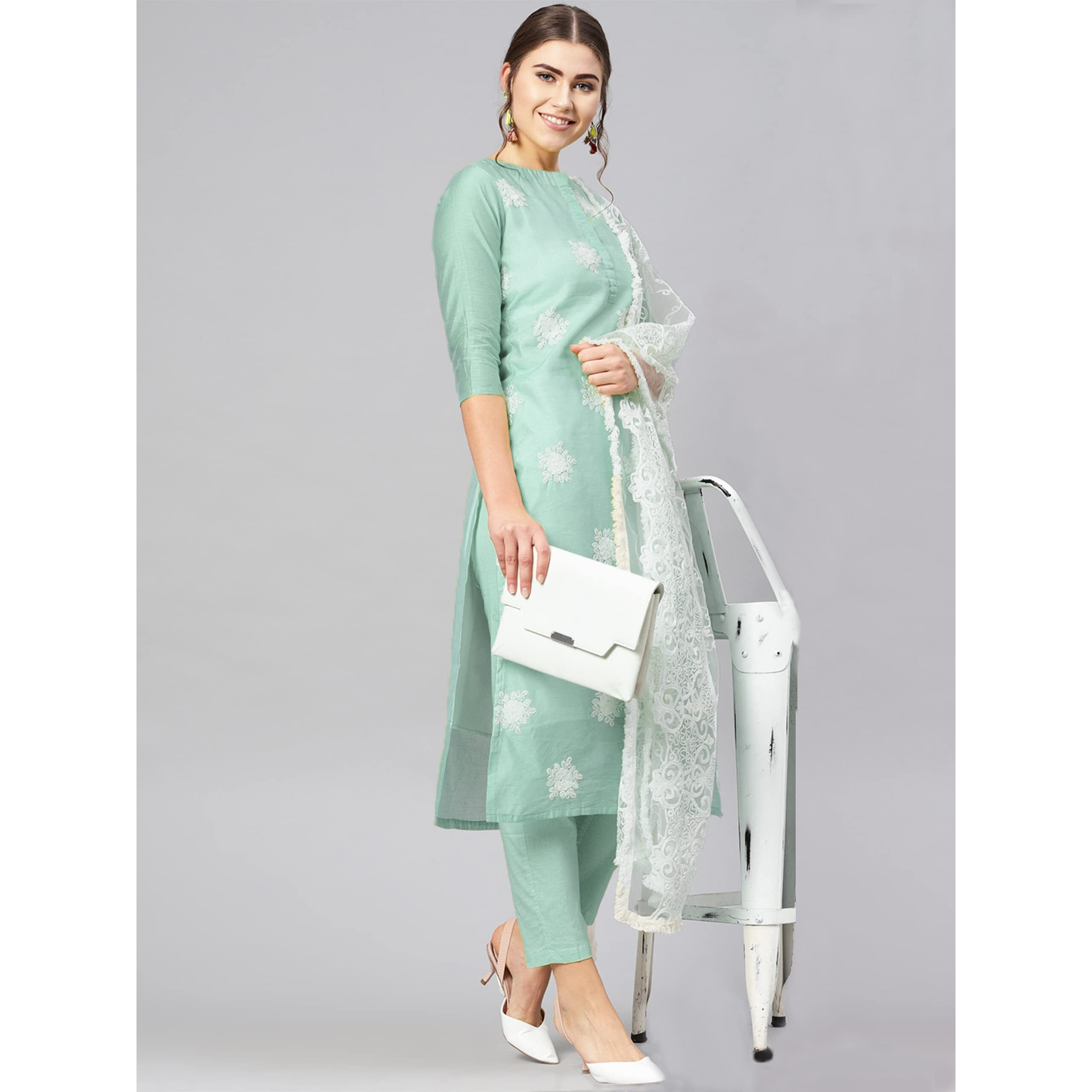 ANNI DESIGNER Women's Ruby Cotton Straight Embroidery Kurti with Pant & Dupatta Set