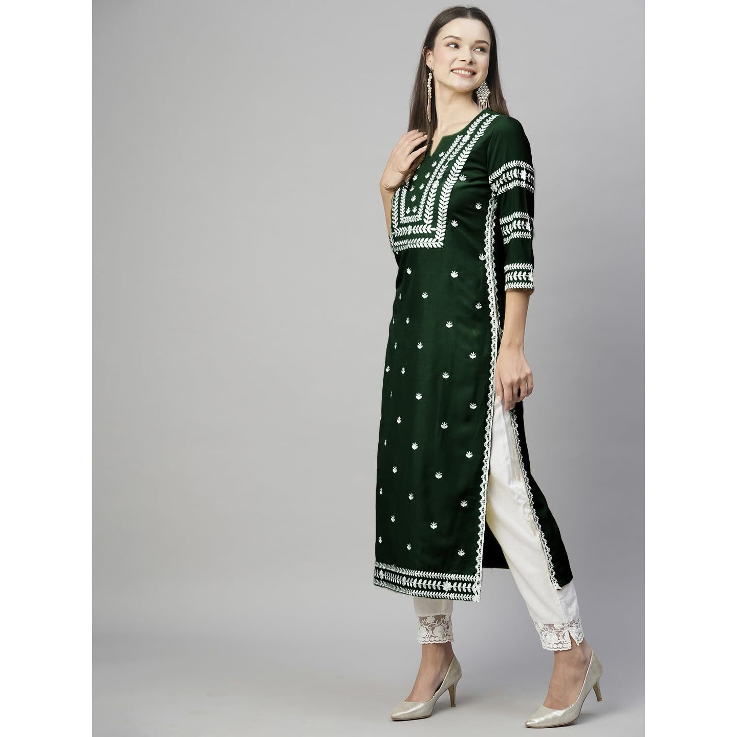 ANNI DESIGNER Women's Cotton Blend Chikankari Embroidered Straight Kurta (STHO-Dark Green-NW_M_Dark Green_Medium)