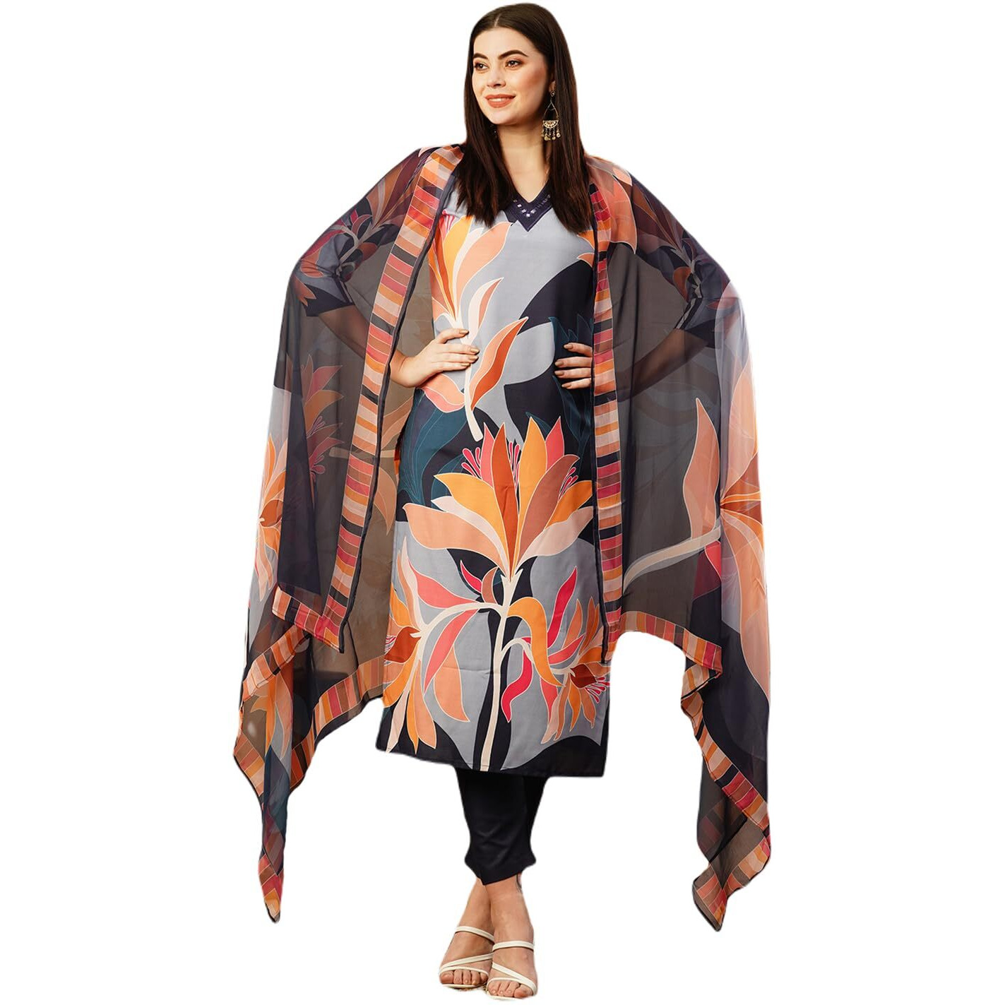 ANNI DESIGNER Women's Cotton Blend Straight Printed Kurta with Pant & Dupatta (KHISSU Navy Blue-FKA_S_Navy Blue_Small)