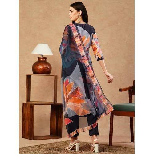 ANNI DESIGNER Women's Cotton Blend Straight Printed Kurta with Pant & Dupatta (KHISSU Navy Blue-FKA_S_Navy Blue_Small)