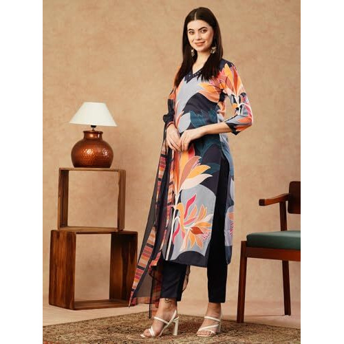 ANNI DESIGNER Women's Cotton Blend Straight Printed Kurta with Pant & Dupatta (KHISSU Navy Blue-FKA_S_Navy Blue_Small)