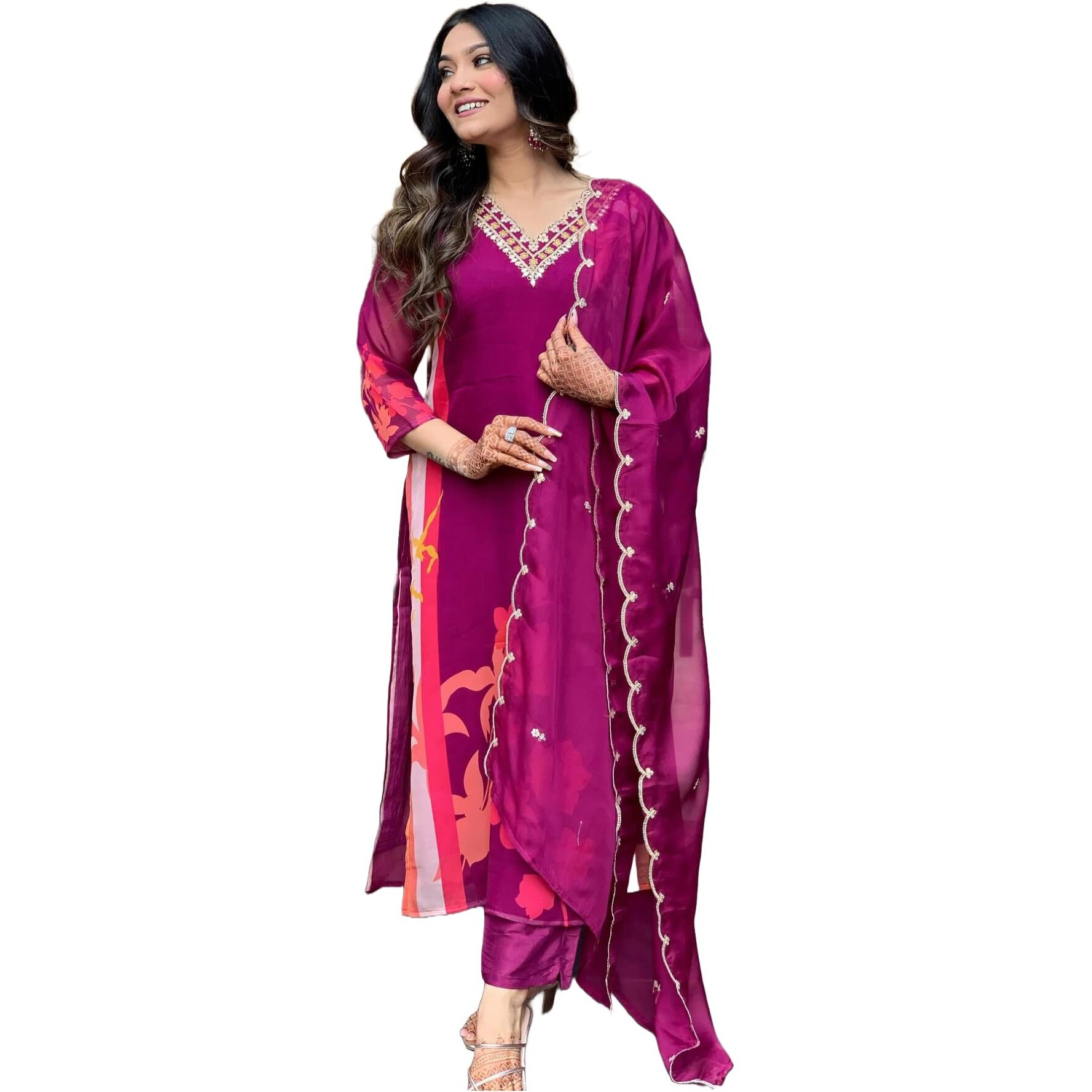 ANNI DESIGNER Women's Cotton Blend Straight Printed Kurta with Pant & Dupatta (DAARI Wine_S_Wine_Small)