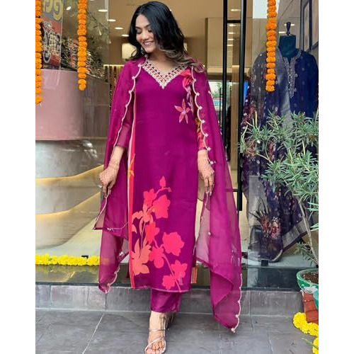 ANNI DESIGNER Women's Cotton Blend Straight Printed Kurta with Pant & Dupatta (DAARI Wine_S_Wine_Small)