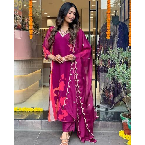 ANNI DESIGNER Women's Cotton Blend Straight Printed Kurta with Pant & Dupatta (DAARI Wine_S_Wine_Small)
