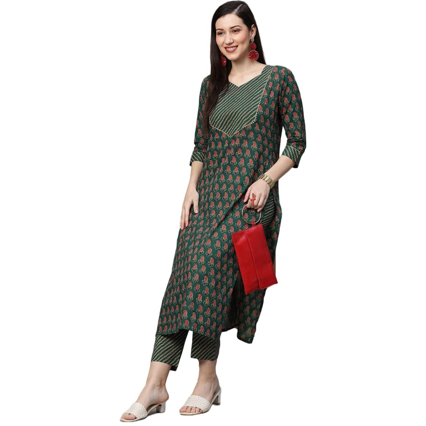 ANNI DESIGNER Women's Cotton Blend Traditional Straight Printed Kurta and Pant Set (Grape Green_S_Green_Small)