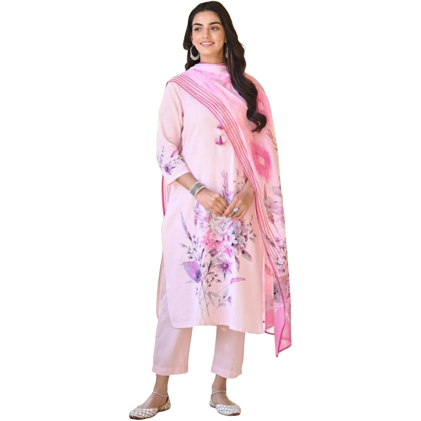 ANNI DESIGNER Women's Cotton Blend Printed Straight Kurta with Pant & Dupatta (Durjan Pink_S_Pink_Small)