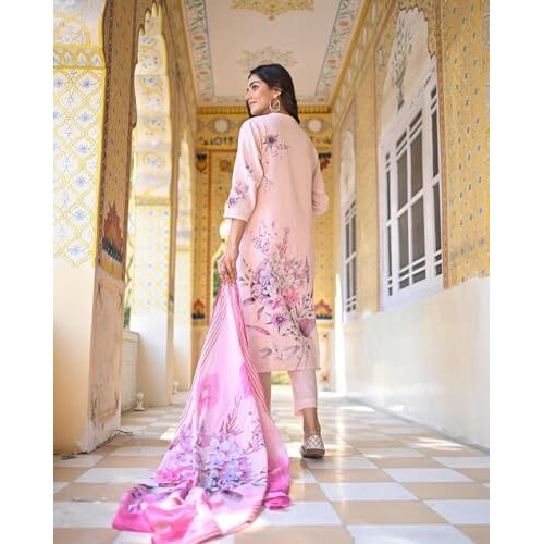 ANNI DESIGNER Women's Cotton Blend Printed Straight Kurta with Pant & Dupatta (Durjan Pink_S_Pink_Small)