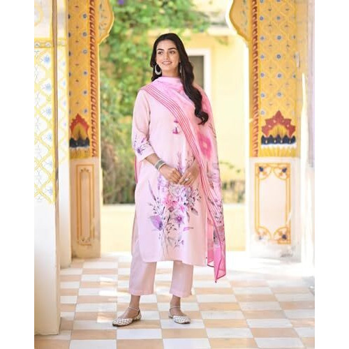 ANNI DESIGNER Women's Cotton Blend Printed Straight Kurta with Pant & Dupatta (Durjan Pink_S_Pink_Small)