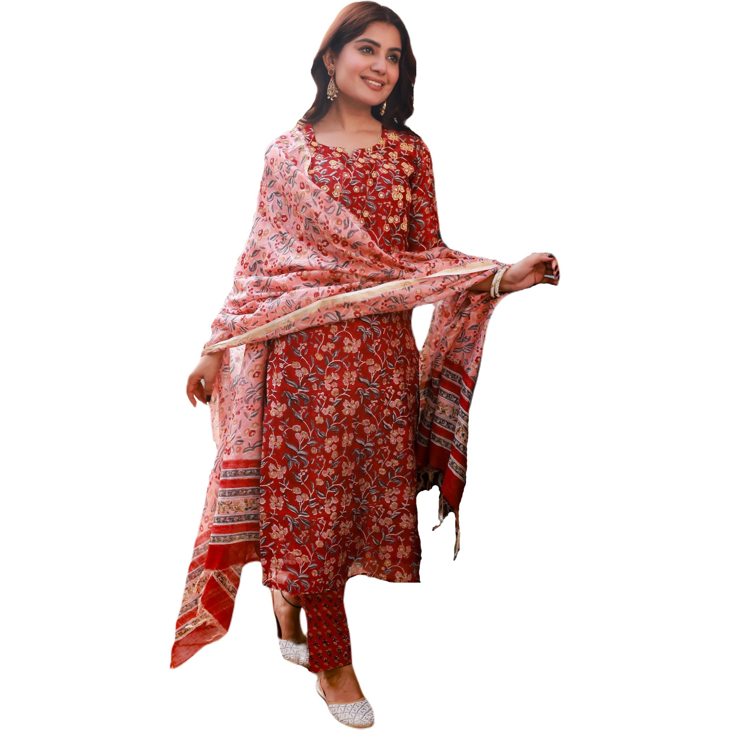 ANNI DESIGNER Women's Cotton Blend Straight Printed Kurta with Pant & Dupatta (JA Gadi Red-NW_XXL_Blue_XX-Large)