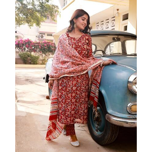 ANNI DESIGNER Women's Cotton Blend Straight Printed Kurta with Pant & Dupatta (JA Gadi Red-NW_XXL_Blue_XX-Large)