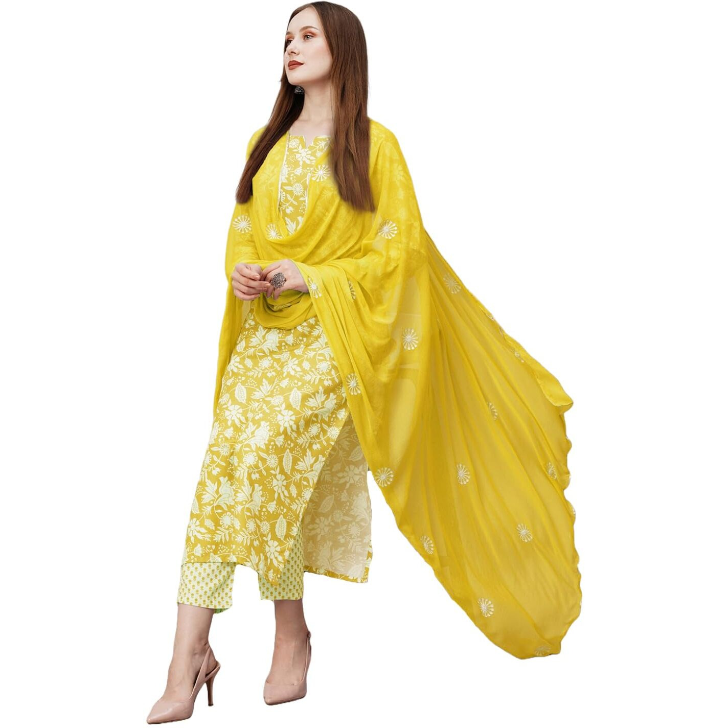 ANNI DESIGNER Women's Cotton Blend Straight Printed Kurta with Pant & Dupatta (MEI Yellow_M_Yellow_Medium)