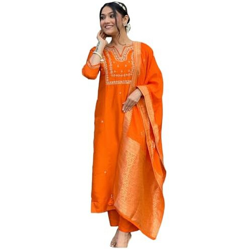 ANNI DESIGNER Women's Rayon Blend Straight Embroidered Kurta with Pant & Dupatta (MANUSHI Orange-VKS01_M_Orange_Medium)