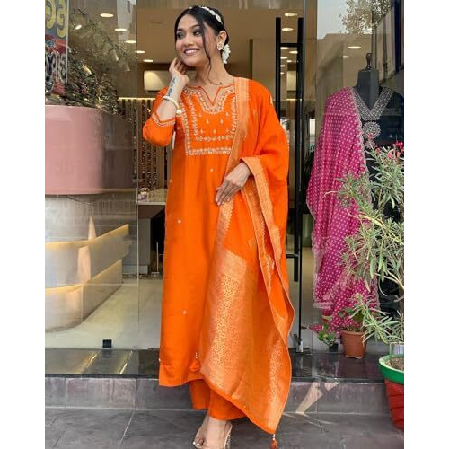 ANNI DESIGNER Women's Rayon Blend Straight Embroidered Kurta with Pant & Dupatta (MANUSHI Orange-VKS01_M_Orange_Medium)