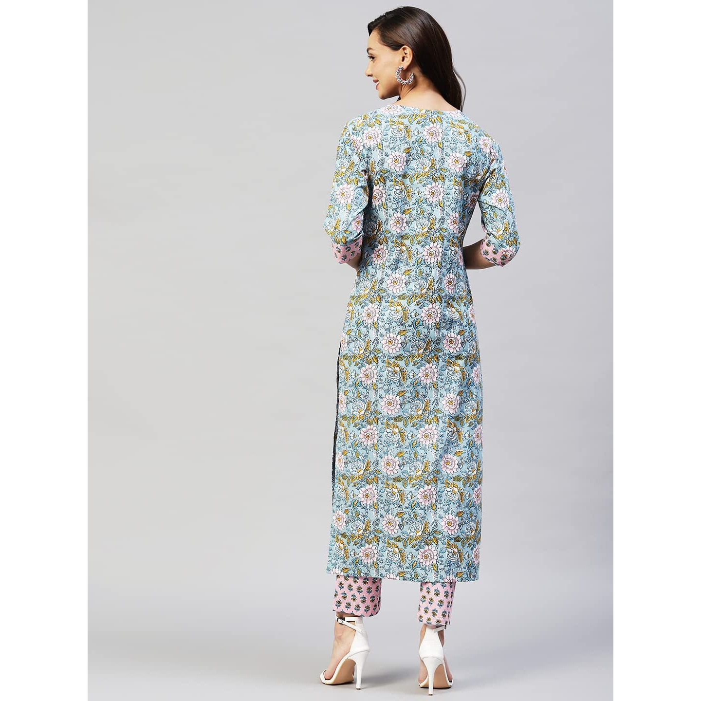 ANNI DESIGNER Women's Cotton Blend Straight Printed Kurta with Pant (Nampati) Blue