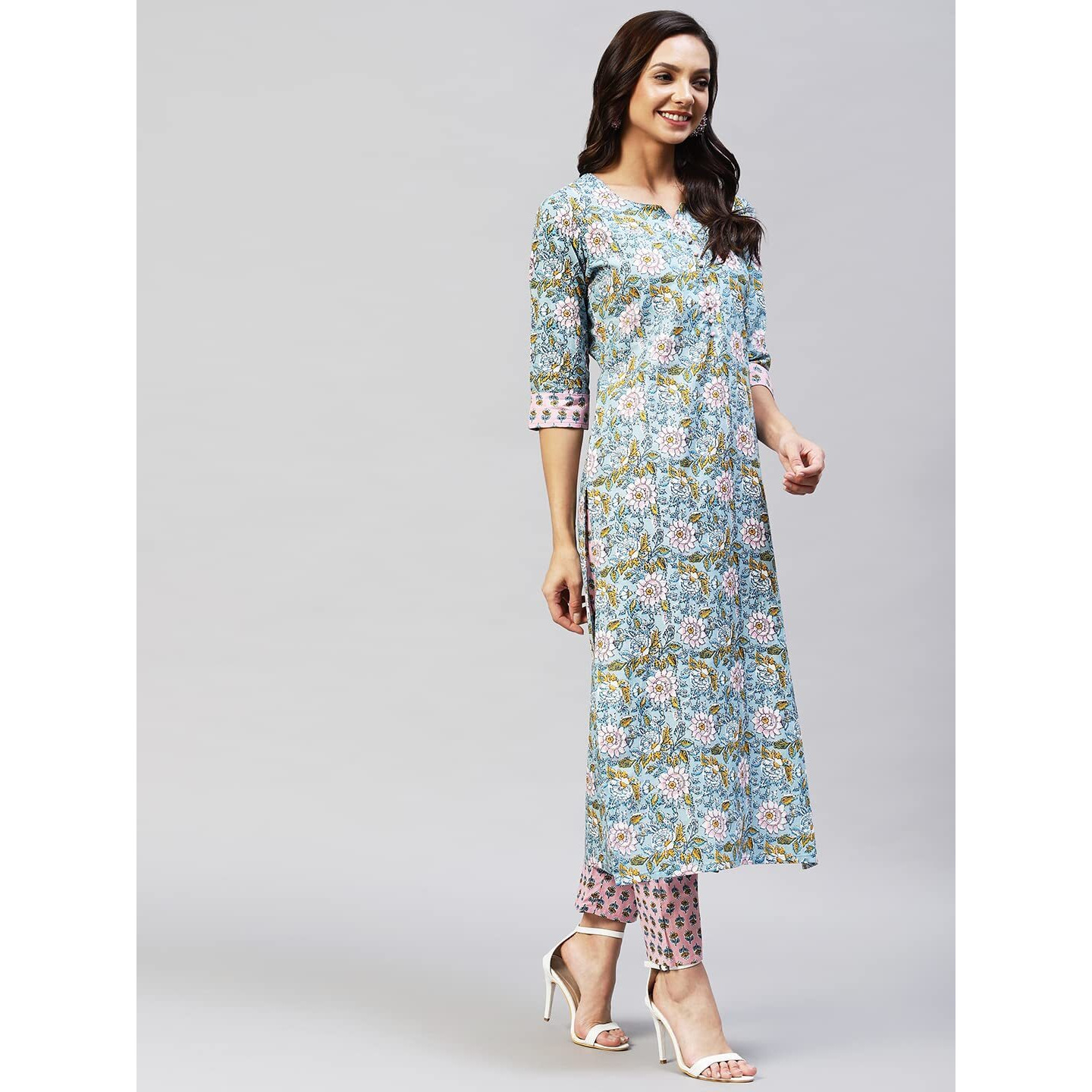 ANNI DESIGNER Women's Cotton Blend Straight Printed Kurta with Pant (Nampati) Blue