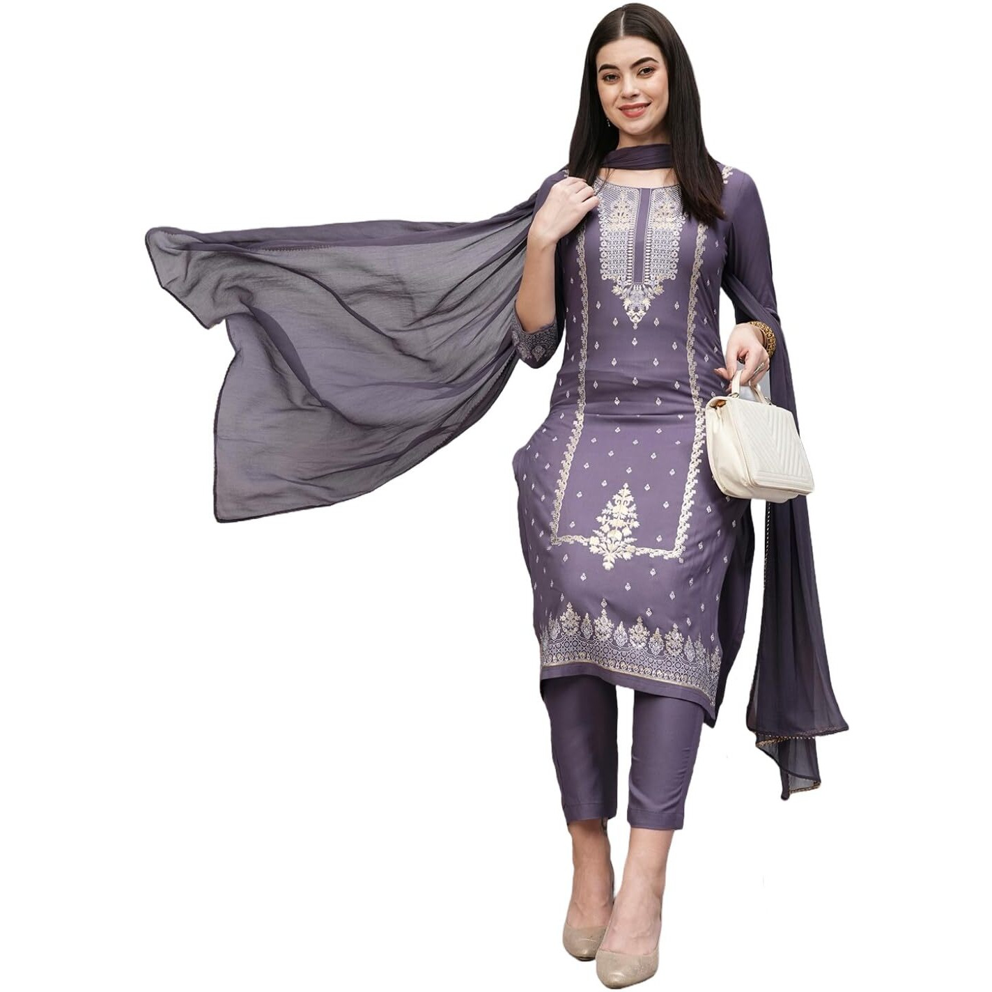 ANNI DESIGNER Women's Cotton Blend Straight Printed Kurta with Pant & Dupatta (Rowan Purple_S_Purple_Small)