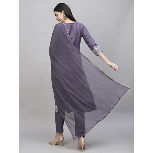 ANNI DESIGNER Women's Cotton Blend Straight Printed Kurta with Pant & Dupatta (Rowan Purple_S_Purple_Small)