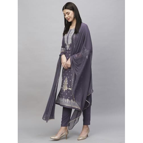ANNI DESIGNER Women's Cotton Blend Straight Printed Kurta with Pant & Dupatta (Rowan Purple_S_Purple_Small)