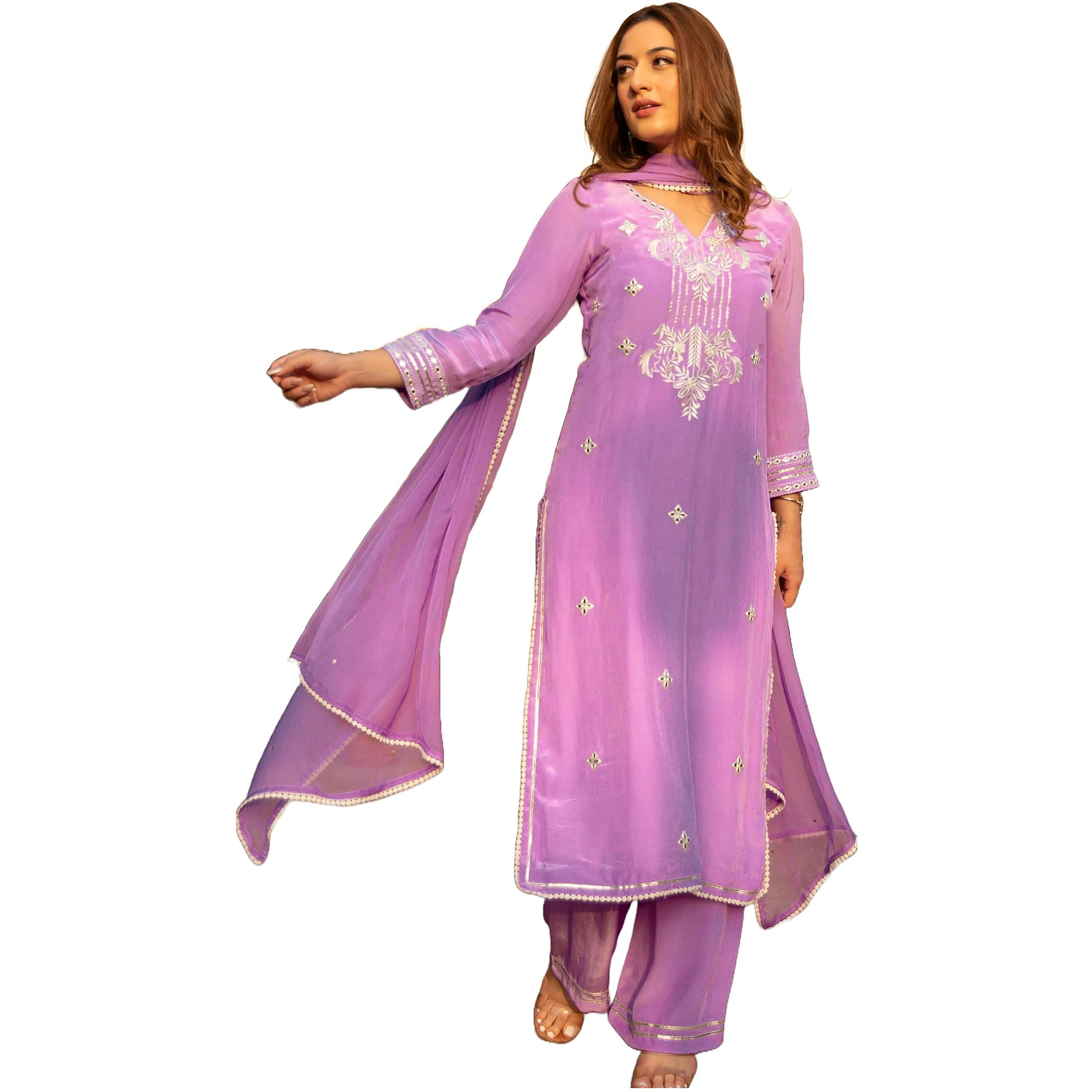 ANNI DESIGNER Women's Cotton Blend Straight Embroidered Kurta with Pant & Dupatta (Sisupal Purple_L_Purple_Large)