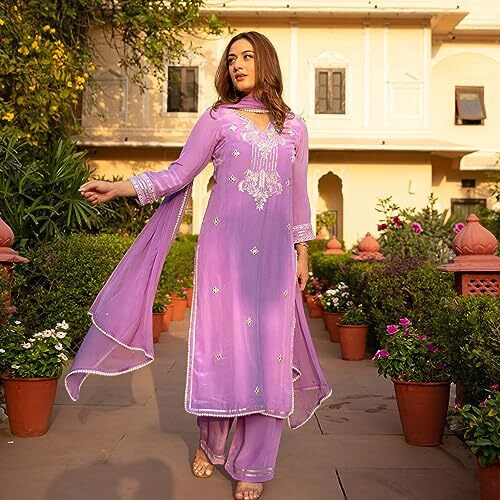 ANNI DESIGNER Women's Cotton Blend Straight Embroidered Kurta with Pant & Dupatta (Sisupal Purple_L_Purple_Large)